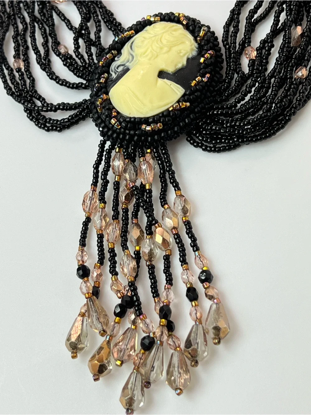 Vintage Multi Strand Black Glass Bead Cameo Necklace Victorian Revival 28”